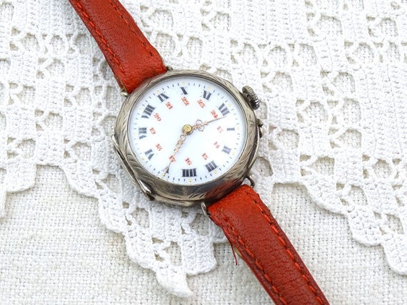 Small Working Antique French Woman's Silver Pocket Watch Mounted as a Wrist Watch with Leather Strap, Retro Victorian Time Piece from France