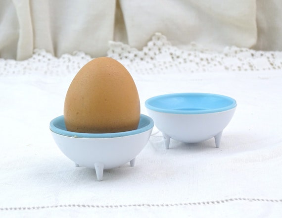 Vintage Mid Century Modern Atomic Egg Cup in Pale Blue with White Plastic, Retro 1960s Breakfast Tableware from France, 1950s Kitchen Decor