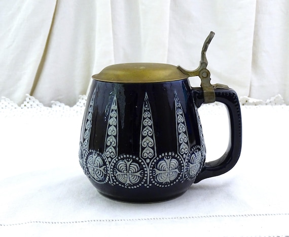 Vintage Marzi & Remy Style 3224 Blue and Grey Art Deco Stoneware Lidded Beer Stein with Scandinavian Pattern, Retro Pottery Mug with Lid