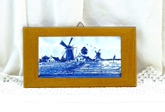 Vintage Rectangular Wall Panel with Blue and White Delft Style Pottery Framed Plaque with Windmills and Canal, Retro Dutch Decor