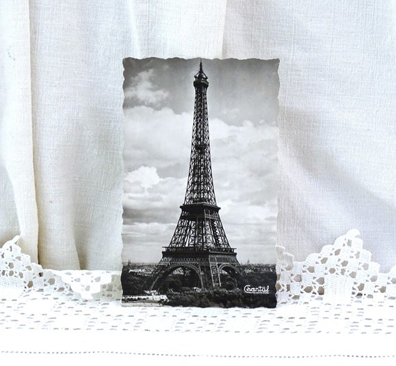 Vintage French  Mid Century Black and White Postcard of the Eiffel Tower, 1950s Retro Paper Ephemera France