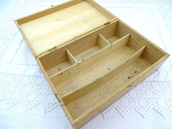 Large Antique French Pine Wood Rectangular Box with Inner Compartment, Big Vintage Wooden Storage Container from France, Country Farmhouse
