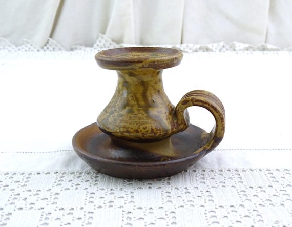 Vintage Mid Century Handmade La Borne Studio Pottery Stoneware Candle Holder in Natural Colored Glaze by Signed Bodin, Retro Country Decor