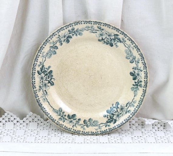 French Antique Terre de Fer Plate with Wild Rose Teal Pattern J Debray, French Blue White Floral Transferware Ironstone Botanical Border
