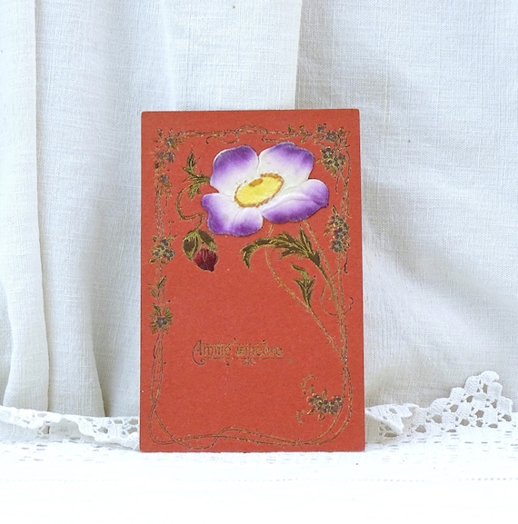 French Unused Antique Red Embossed Postcard with Silk Flower and Amitié Sincère in Gold, Vintage Art Nouveau Friendship Card from France