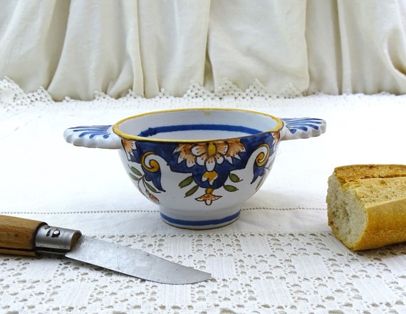 Vintage Breton Decorative Coffee Bowl With Side Handles and Hand Painted Traditional Pattern in Blue and Yellow from Lamballe Bittany France