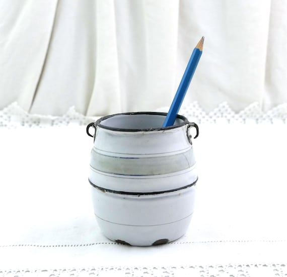 Small Antique French Chippy White Enamel Metal Pot Belly Bucket in White with Worn Banding Pattern Could be Used as a Desk Tidy / Pencil Pot