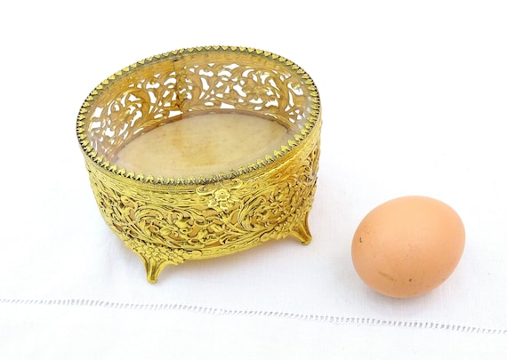 Vintage Antique French Oval Gold Tone Metal Jewelry Box with Beveled Glass Lid and Cut Out Filigree  Pattern, Decorative Trinket Container