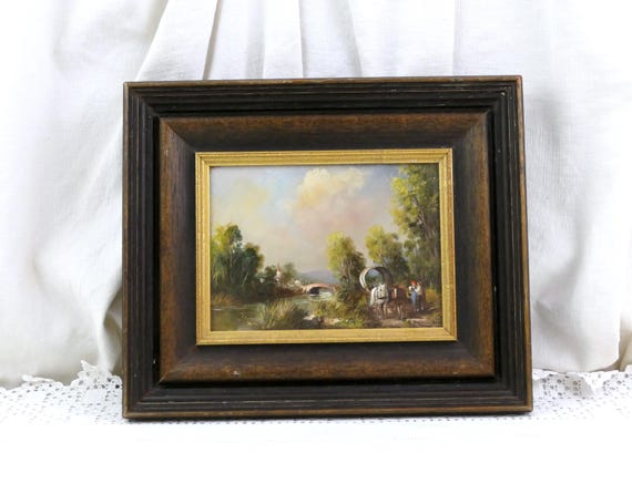 Vintage Hand Painted Framed Oil Painting of Landscape with Village and Horse Drawn Cart, Retro Victorian Country Scene of River and Wagon