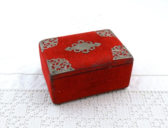 Antique French Worn Red Velvet Jewelry Box with Metal Decoration on the Lid, Vintage Boudoir Chateau Style Trinket Container from France,