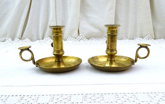 Pair of Vintage Brass Traditional Candle Chamber Sticks, Retro Candle Holder of Metal, Boho Country Farmhouse Cottagecore Lighting Decor