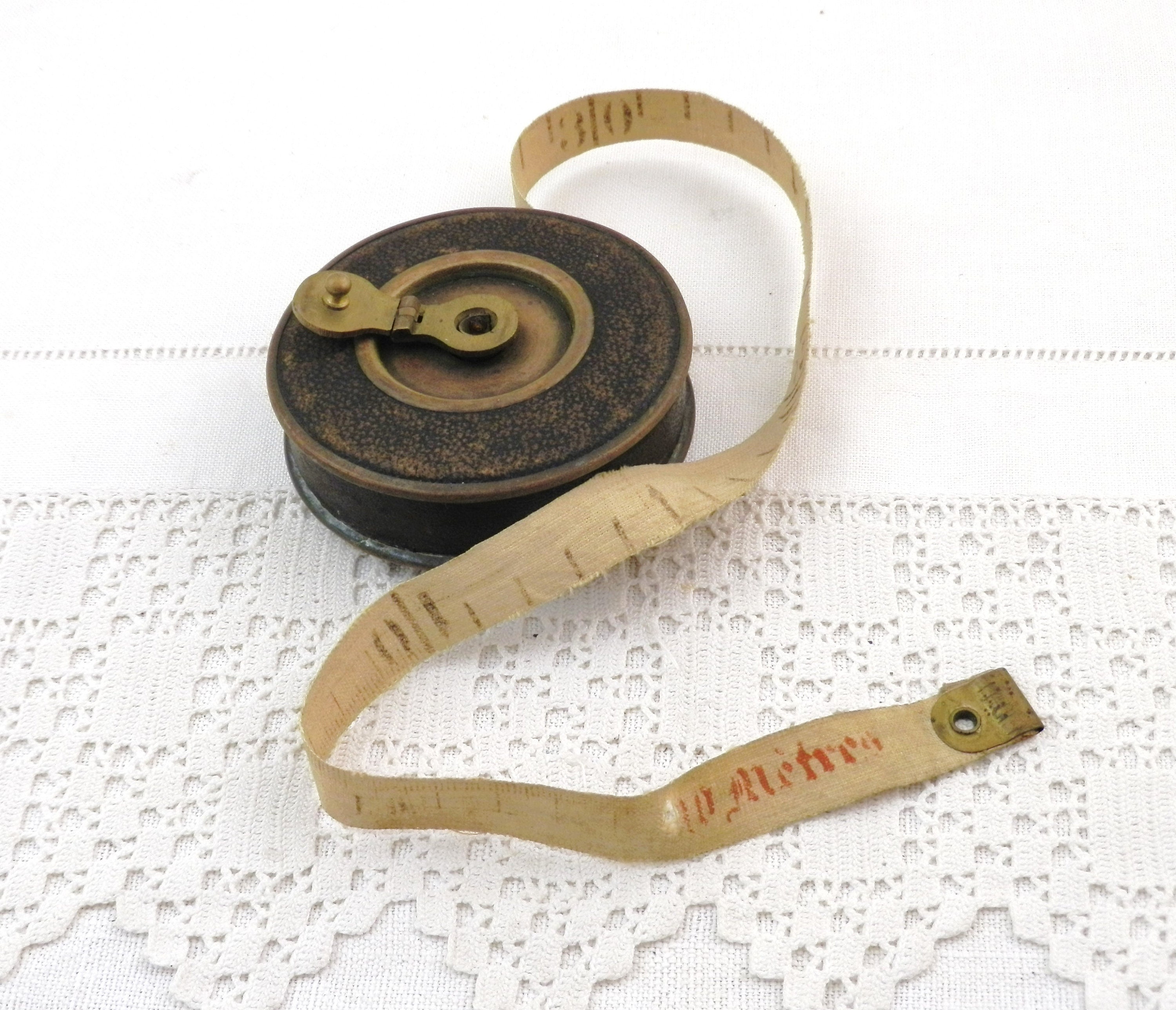 Vintage, Circa 1950's Cloth Tape Measure, 'Swordfish Brand' in Brown  Leather Case with Brass Rewind