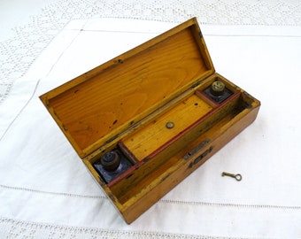 Antique French Portable Wooden Writing Box with Working Key, Vintage Desk Accessory from France, Old Style Office Clerk Collectible Decor
