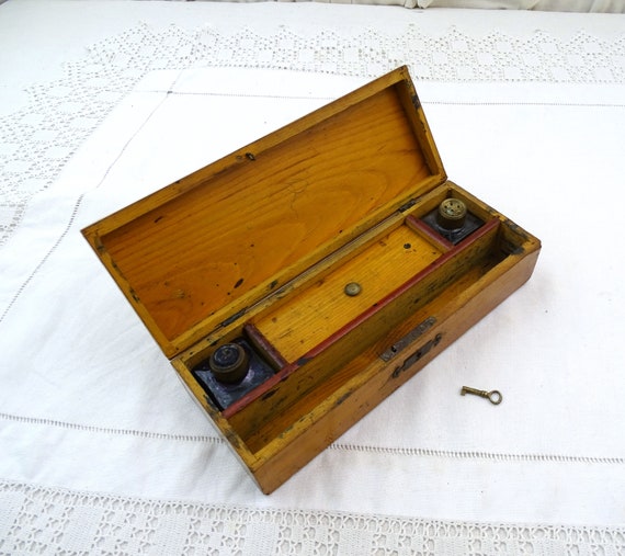 Antique French Portable Wooden Writing Box with Working Key, Vintage Desk Accessory from France, Old Style Office Clerk Collectible Decor