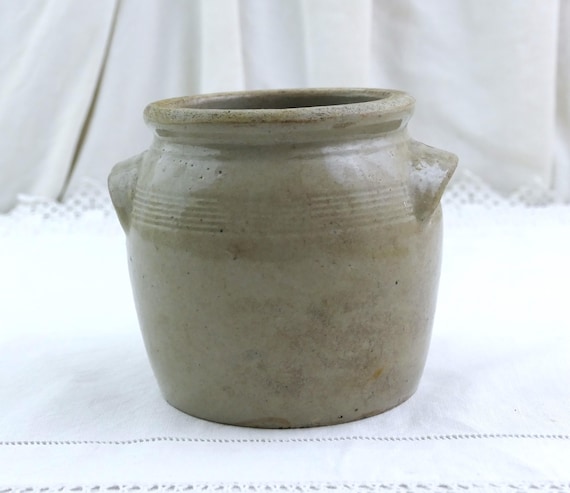 Antique French Round Gray Salt Glaze Earthenware Crock Pot, Retro Pottery Storage Jar France, Country Brocante Farmhouse Cottagecore Decor