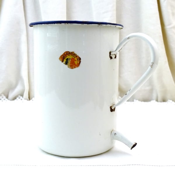 Vintage French White Enamel Water Dispenser, Wall Hanging Enamelware Vase from France, Shabby Farmhouse Brocante Vintage Chateau Chic