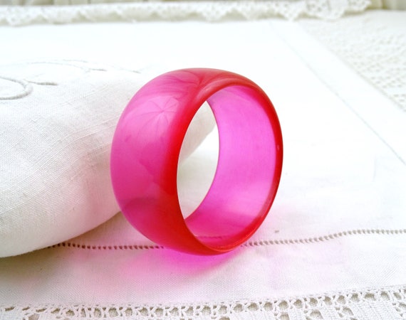 Vintage French 1960s Wide Hot Pink Moonglow Lucite Cuff Bangle, Retro Mid Century Modern Colorful Resin Plastic Bracelet France, Unique Gift