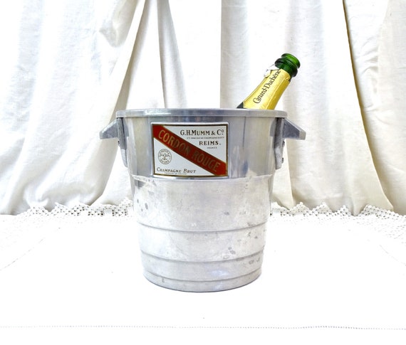 Vintage French G H Mumm and Co Cordon Rouge Champagne Ice Bucket with 2 Side Handles, Retro Barware Cooler from France, White Wine Accessory