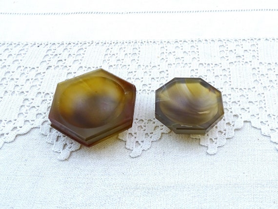 2 Small Vintage Smoked Translucent Agate Stone Hexagonal Dishes, Retro Tiny Carved Stone Bowls in Gray, Decorative Little Trinket Bowls