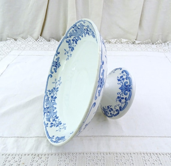 Antique French Blue and White China Compote Dish , Vintage Victorian Pottery Pedestal Bowl Cake Stand Ceramic Footed Bowl, Brocante Decor
