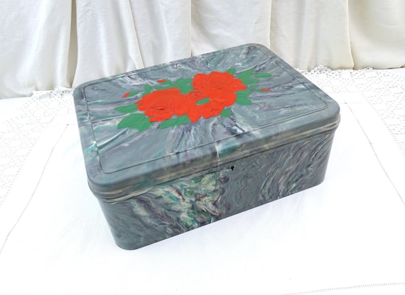 Large Vintage French Marbled Bakelite Rectangular Box Regibana with Red Rose Pattern on Lid, Promotional Mottled Plastic Container France