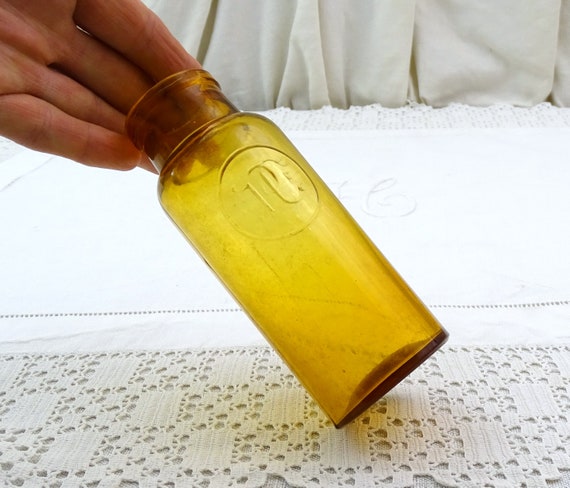 Small Antique French Brown Glass Thick Necked Bottle with Monogram PC, Retro Old Style Glass Bottle from France, Cottagecore Rustic Decor