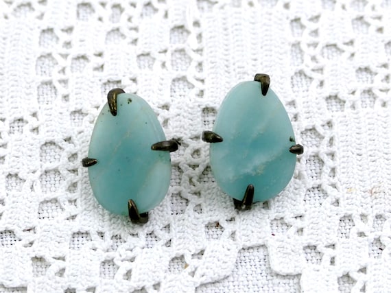Vintage Aqua Chalcedony Earrings, Pale Blue Natural Stone, Oval Cabochon Pair, Silver Prong Settings, Retro 1960s 1970s Statement Jewelry