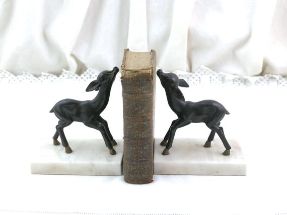 Vintage French Art Deco Black Metal  Deer Bookends with White Marble Bases , 1930s Library Office Shelf Decor Animal Figurines from France