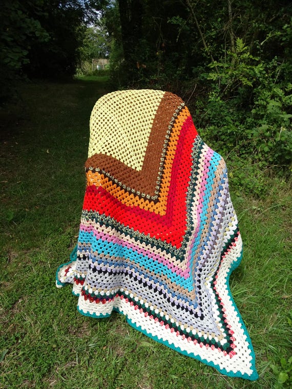 Large Vintage French Crocheted Colorful Striped Woolen Blanket, Crochet Afghan Throw Rainbow Colored Wool, Boho Multicolored Granny Square