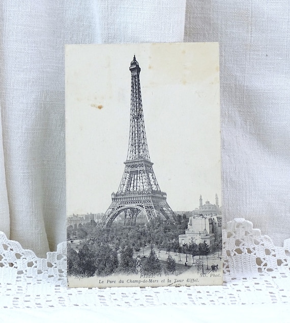 French Antique Black and White Postcard the Eiffel Tower in Paris, Retro 19th Century Vacation Parisian Souvenir from France, Old Picture