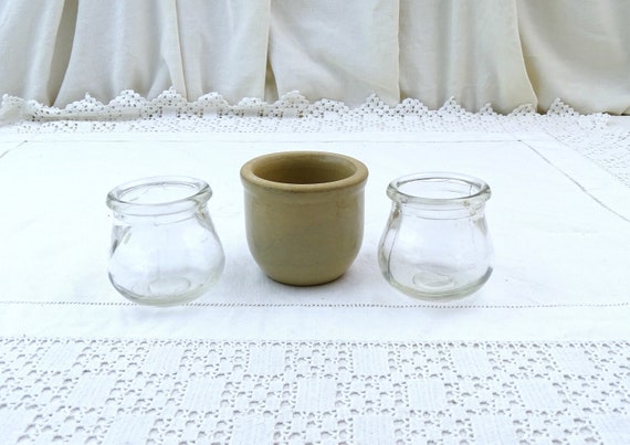 3 Small Vintage French Yogurt Pots made of Glass and Pottery, Retro Country Farmhouse Kitchen Accessory from France, Little Jars