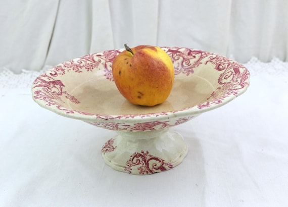 Antique French Ironstone Pedestal Dish Compote Terre de Fer St Médicis JV & Cie with Red Transferware Bird Pattern, French Tazza Fruit Bowl