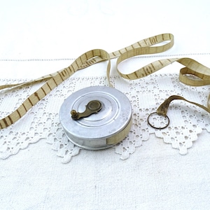 Antique French Working 19th Century 10 Meter Retractable Fabric Tape Measure  With White Metal Case, 1800s Wind Up Measuring Tool France