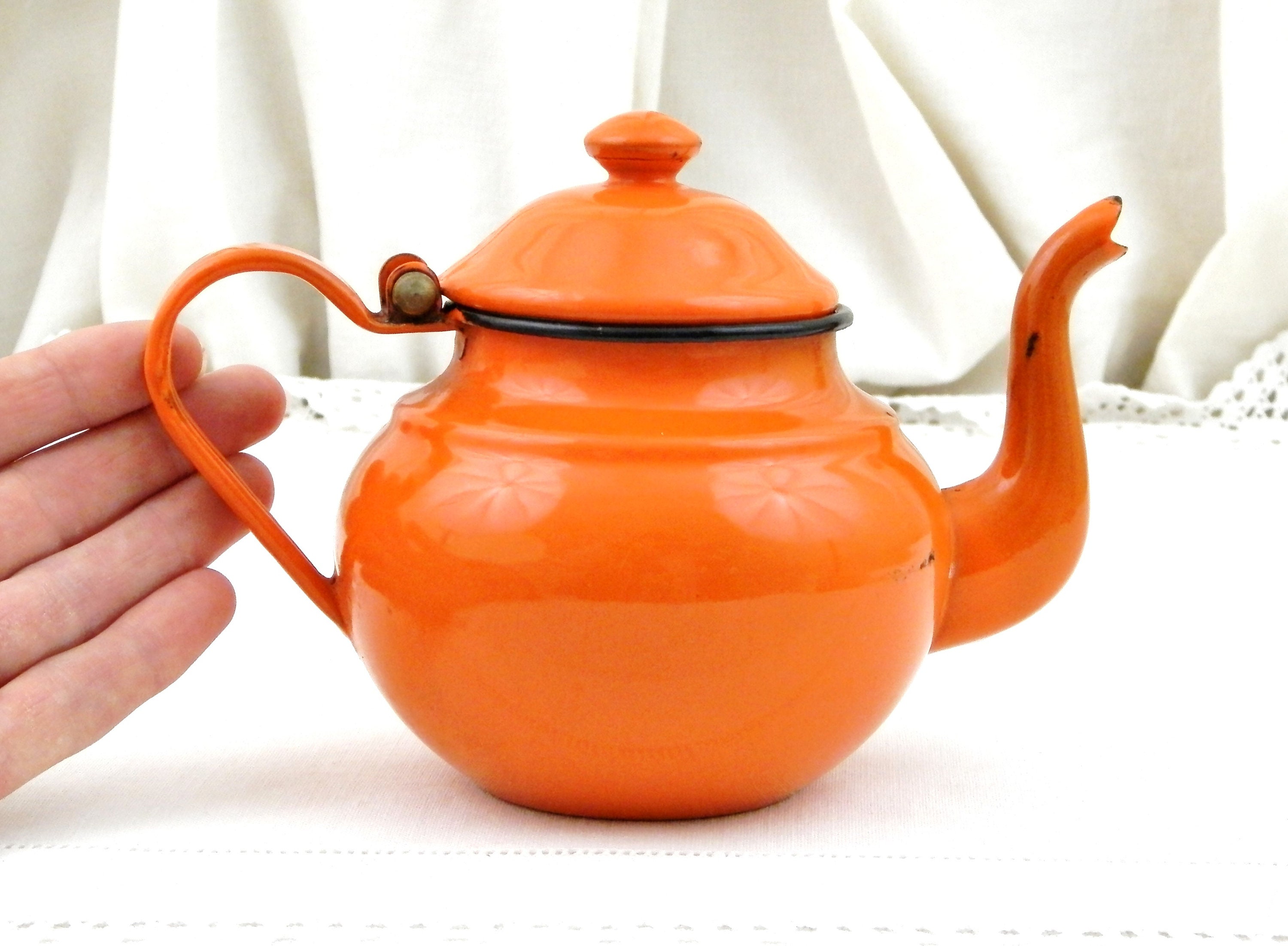 Small 1960s Vintage Bright Orange Enamel Tea Pot with Goose Neck Spout
