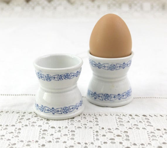 Antique French Set of 2 Ceramic Double Sized Egg Holders with Blue White Geometric Pattern, Retro Breakfast Eggcups France Kitchen Decor