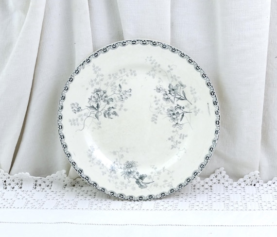 Antique French Ironstoneware Plate Choisy Le Roi with Gray Black Pattern for H Boulanger Model Roscoff, Vintage Ironstone Crockery France