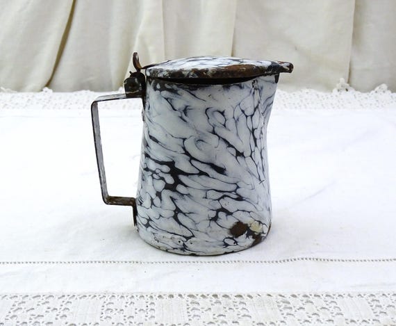 Small Vintage French Black and White Splatterware Enamel Milk Pitcher with Lid, Vintage Granitware Enamelware Lidded Jug from France