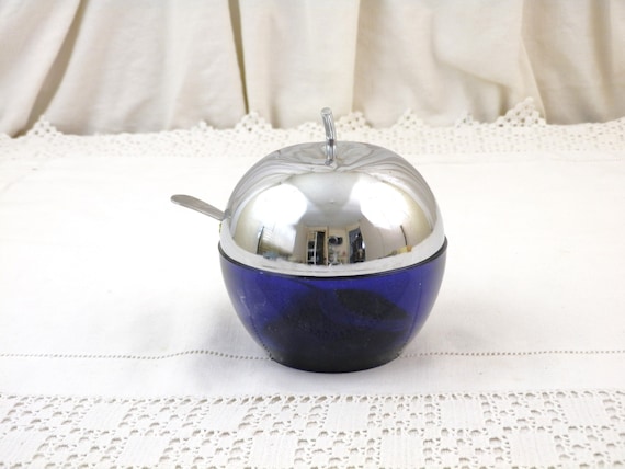 Vintage Mid Century Blue Glass and Metal Apple Sauce Dish, Retro Fruit Shaped 1950s Serving Bowl, Unusual 50s Dinner Party Tableware