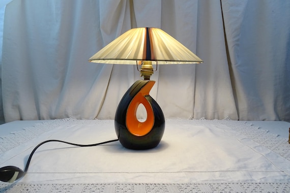 Vintage French Mid Century Modern Bright Orange and Black Table Lamp with Vinyl Strip Shade, Retro 1960s Vallauris Style Bedside Light