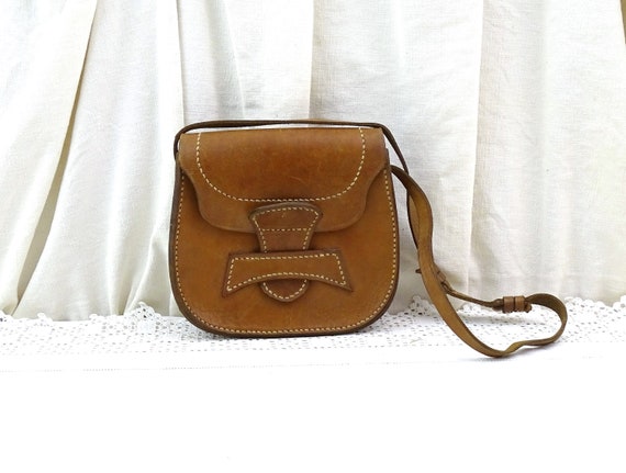 Vintage French 1970s Handmade Small Leather Shoulder Bag with Adjustable Strap, Retro MC Purse  from France, Hippy Woman's Brown Handbag
