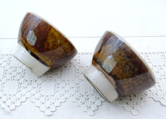 Pair of 2 Small Antique French Ceramic Tea Bowls by BR in Orchamp Jura, Retro Pottery Bowls from France with Brown Mottled Glaze from France