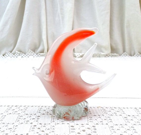 Vintage Italian Murano Glass Fish in White and Red on Clear Base with Original Makers Sticker, Ornament from Italy, Collectible Glassware