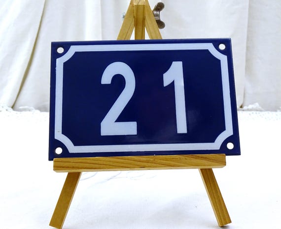 Vintage French Porcelain Enameled Metal House Sign in Blue and White Number 21, Enamel Street Home from France, Traditional Address Sign