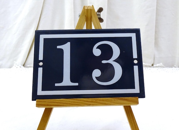Vintage French Porcelain Enameled Metal House Sign in Blue and White Number 13, Enamelware Street Home from France, Traditional Address Sign