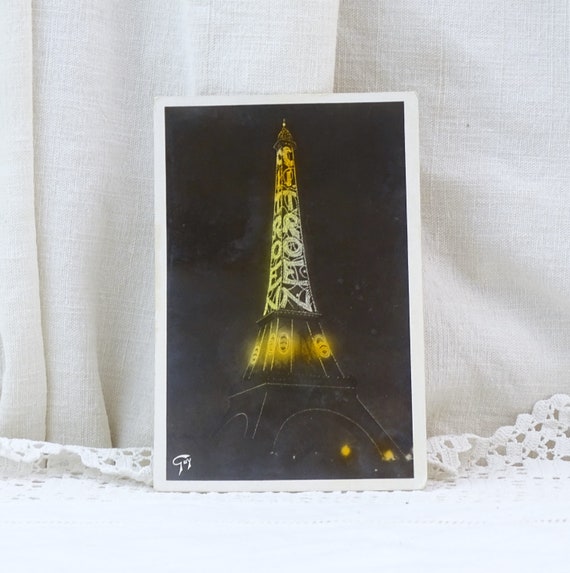 Antique Art Deco French Black and White Postcard of Illuminated Eiffel Tower Citroen Publicity, Parisian Souvenir Retro Vintage Home