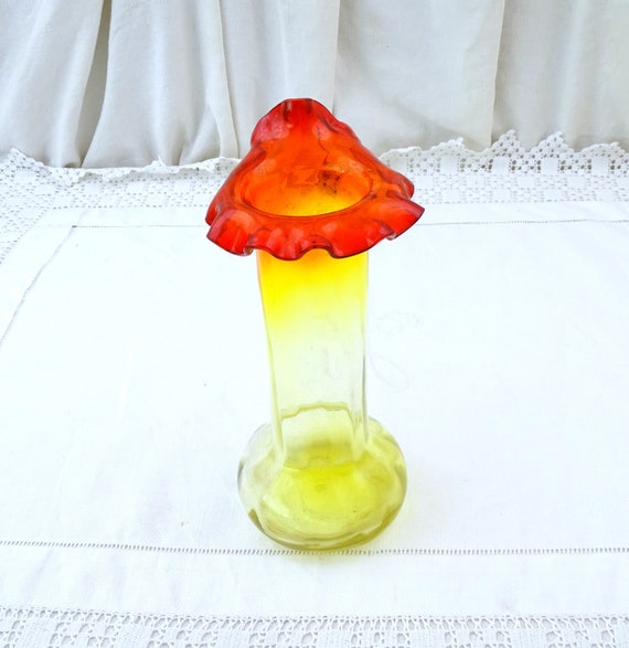 Vintage French Jack in the Pulpit Yellow and Red Glass Vase, Retro 1960s Flower Arranging Accessory France, Bright Mid Century Glassware