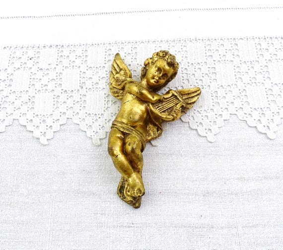 Vintage French Gold Gilded Putti Cherub Playing a Lyre Harp, Retro Wall Hanging Angel from France, Old Church Style Rococo Musical Cherubim