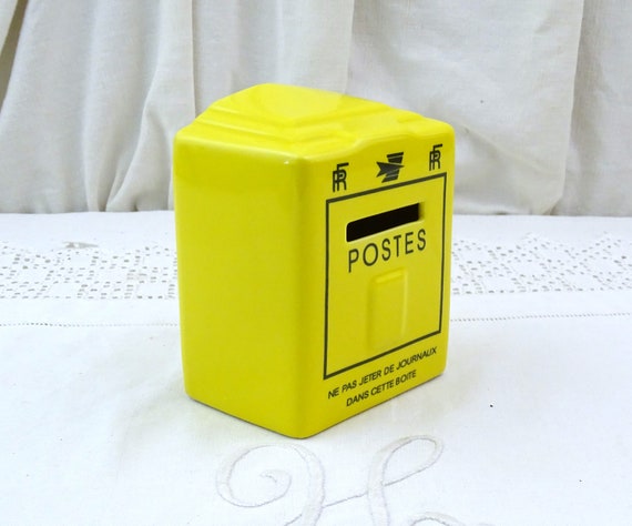 Vintage French Ceramic Post Box Piggy Bank in Bright Yellow by La Poste, Retro Pottery Money Bank Shaped as Postal Box from France