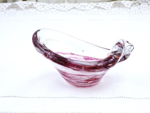 Vintage Ornamental Art Glass Bowl, Hand Blown Clear Glass with Purple and Metallic Veins, Murano Style Thick Crystal Glass Trinket Dish