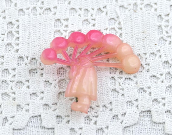 Vintage 1960s Pink Tone Plastic Brooch Man with Balloons, Retro Fun Novelty Pin in Peachy Colors, Mid Century Badge with Air Balls